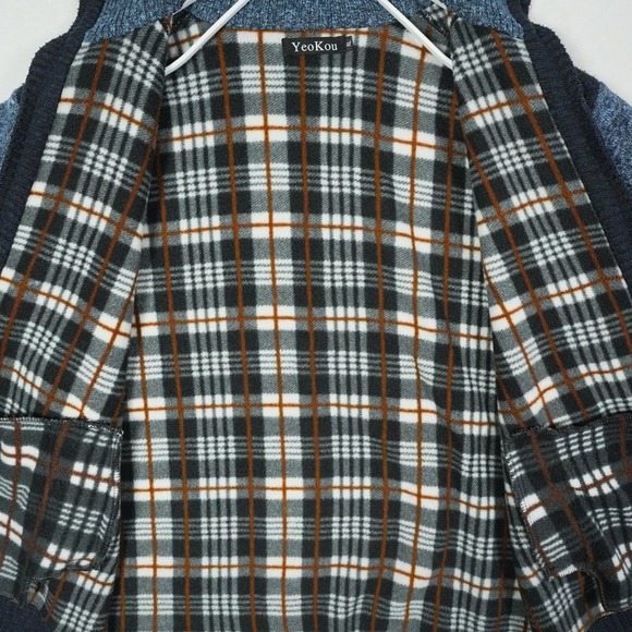 YeoKou Mens Cashmere Wool Blend Full Zip Cardigan Sweater Blue Plaid Lined XL - Picture 10 of 10